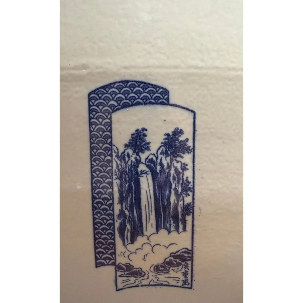 Vintage Japanese Blue and White Ceramic Planter Mount‎ Fuji Landscape Fishbowl
